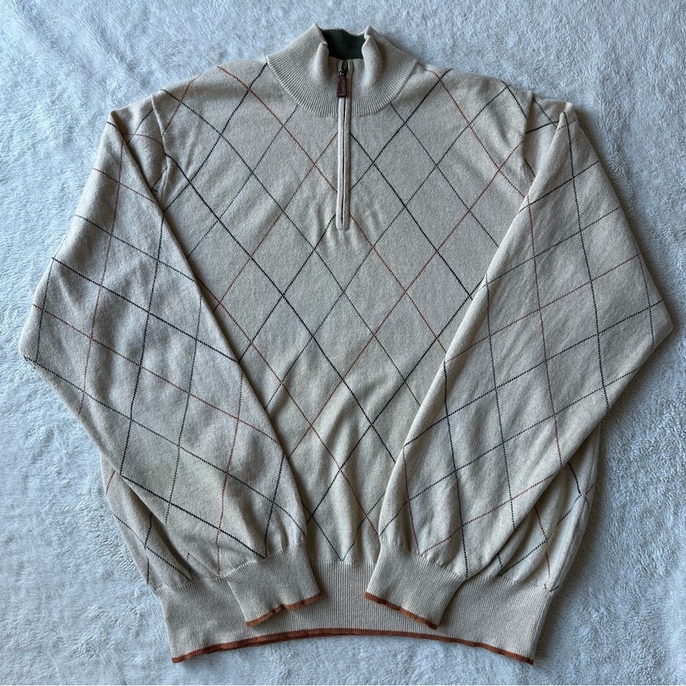 Peter Millar 100% Cashmere 1/4 Zip Sweater Men's XL Beige Argyle Preppy Golf vtg